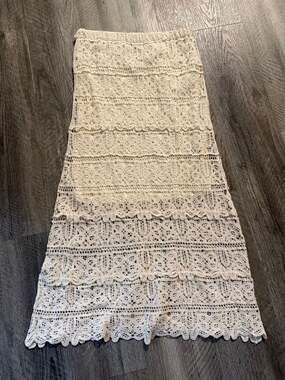 Indigo & Lace Cream Boho Crochet Lace Midi Skirt with Elastic Waist
